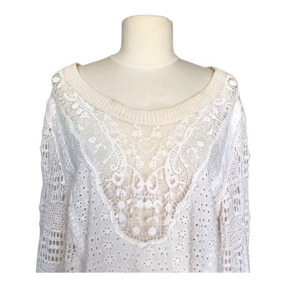 Women's Boho White Crochet Knit Lace Sweater Pullover Eyelet Long Sleeve Top - Picture 2 of 6